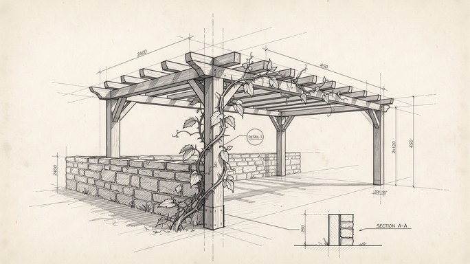 Graphite architectural illustration of a timber pergola beside a stone ...