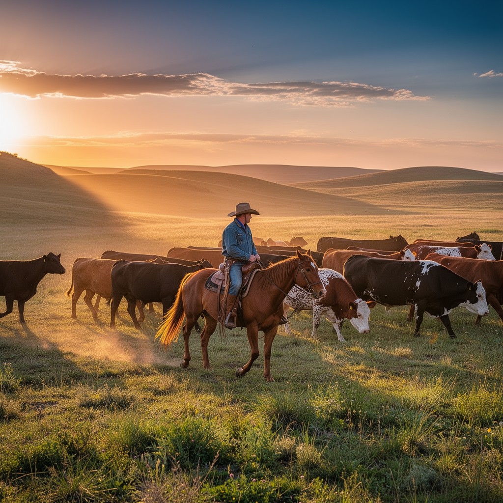 Download Morning Cattle Drive Image - Cowboy, Cattle, Sunrise | StockCake
