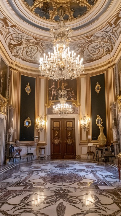 An exquisite room featuring ornate decorations, a grand chandelier, and ...