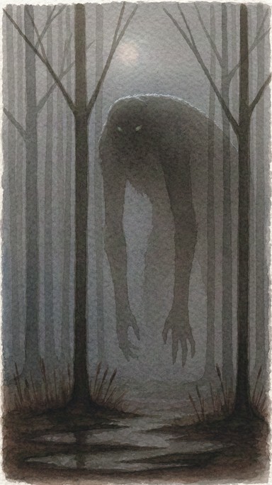 Shadow Proportion Example A huge, shadowy creature hangs in the middle of a foggy forest, its ...