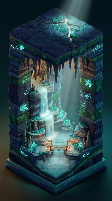 Isometric Rocks Diorama Free Underground Glowing Waterfall Image - Waterfall, Cave, Underground ...