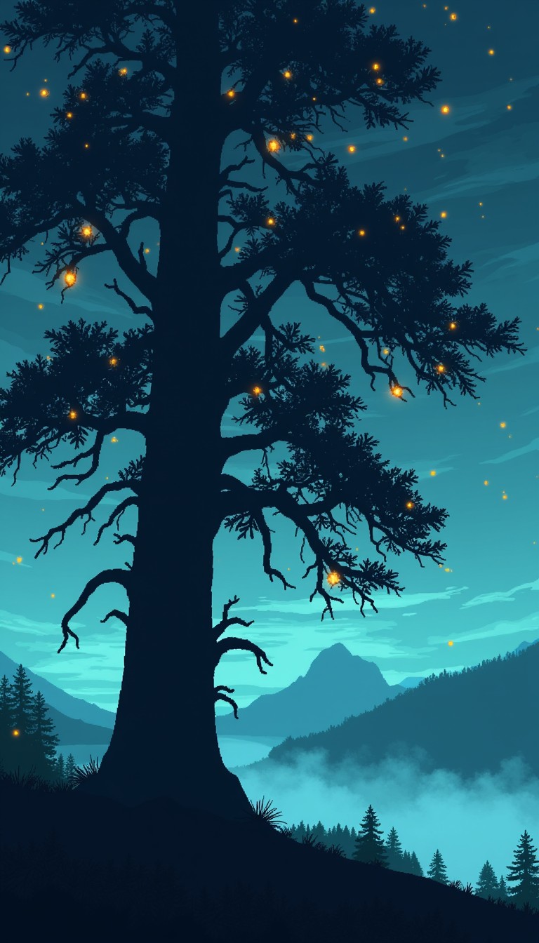 Free Twilight Pixel Sentinel Image - Tree, Silhouette, Fireflies ...
