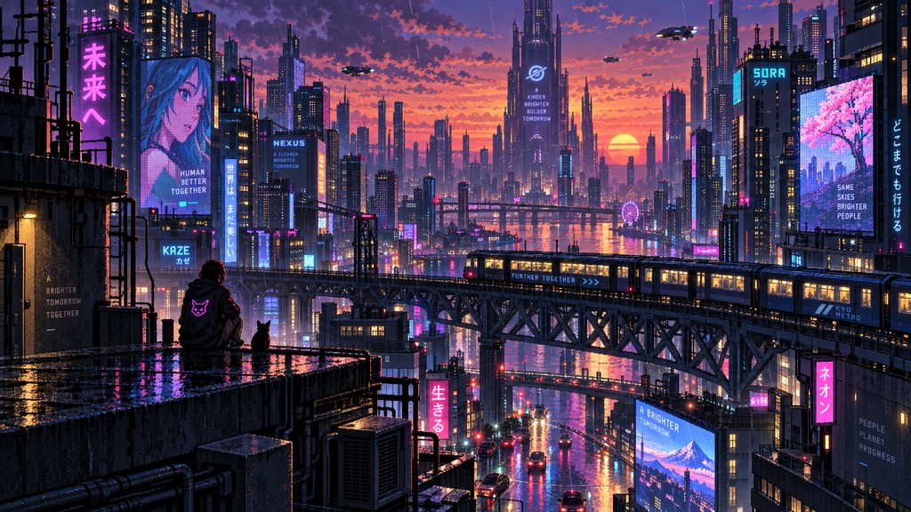 Hi-bit pixel art cityscape of a rainy cyberpunk metropolis at sunset ...