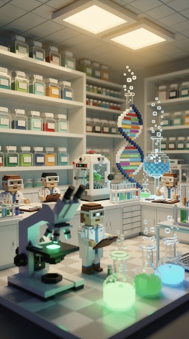 Science Laboratory Image Charming voxel art laboratory features blocky microscopes, glowing neon ...
