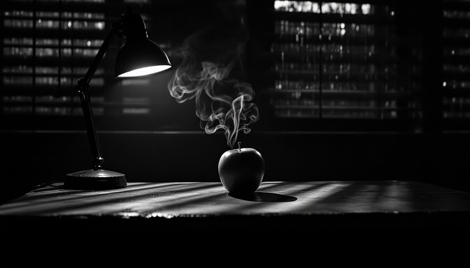 Film noir inspired black and white scene featuring a single apple on a ...