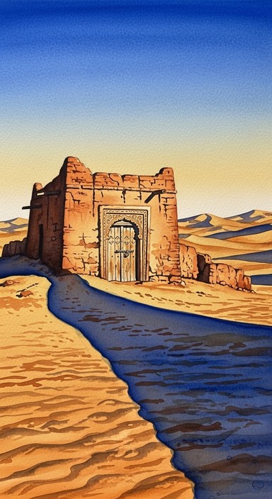 Golden light bathes a lone desert structure with an elaborate entrance ...
