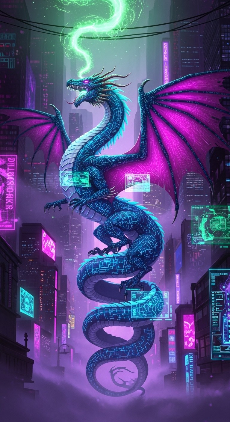 Dragon With Computer Free Cyberpunk Dragon Rising Photo - Dragon, Cyberpunk, Neon | Download ...