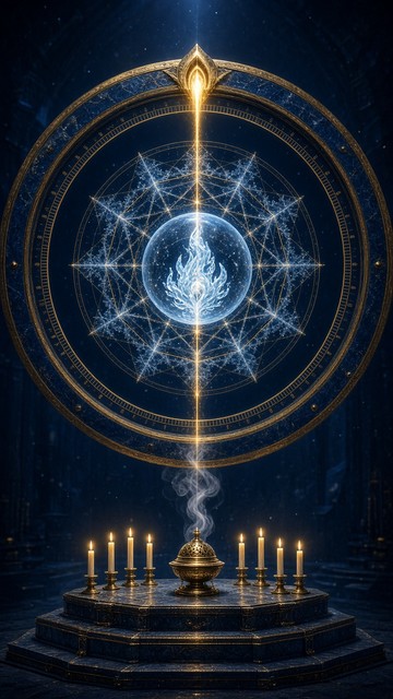 A glowing frost-glass sphere holds a frozen blue flame inside a giant ...