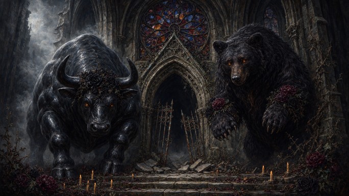A huge black bull and a large dark bear stand on either side of an old ...