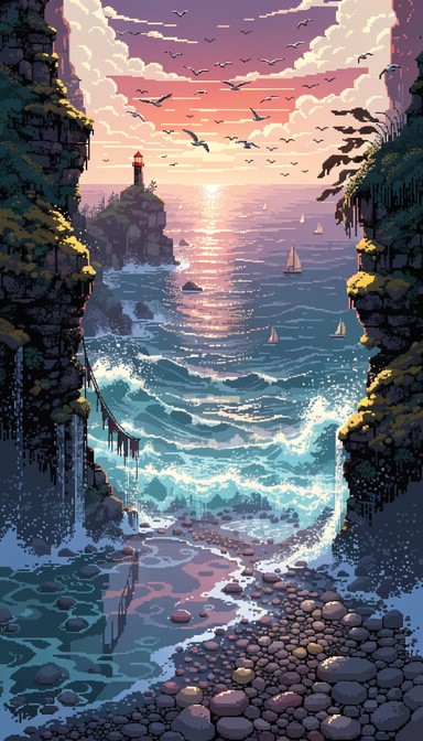 Free Pixel Ocean Sunset Image - Ocean, Pixel, Lighthouse | Download at ...