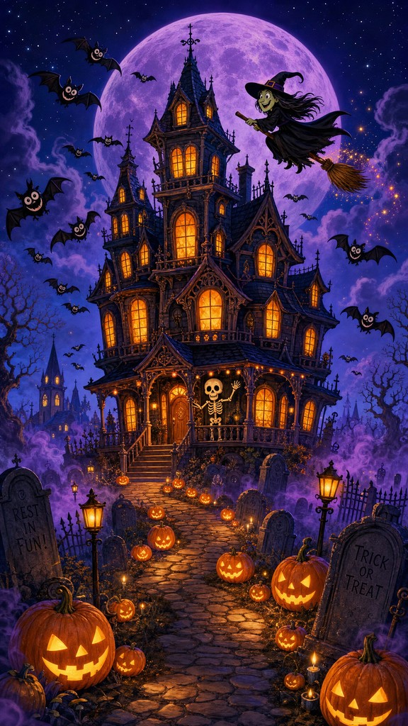 This whimsical Halloween illustration shows a tall, crooked Victorian ...