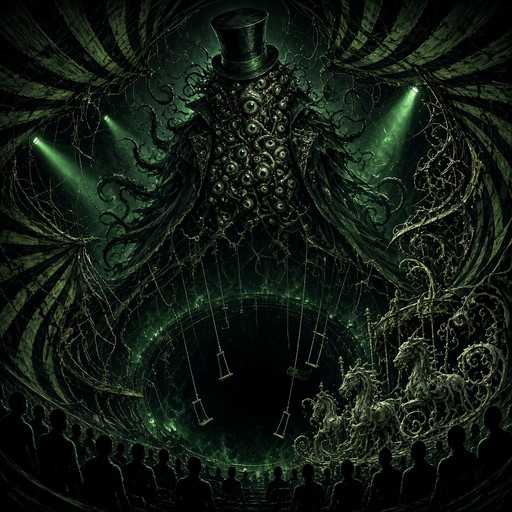 A giant tentacled ringmaster in a black top hat looms over a creepy ...