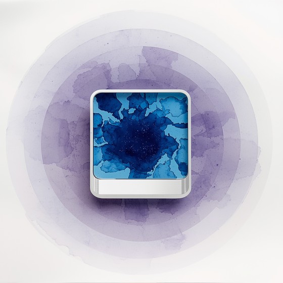 White-edged tech frame contains swirling indigo and cyan watercolors ...