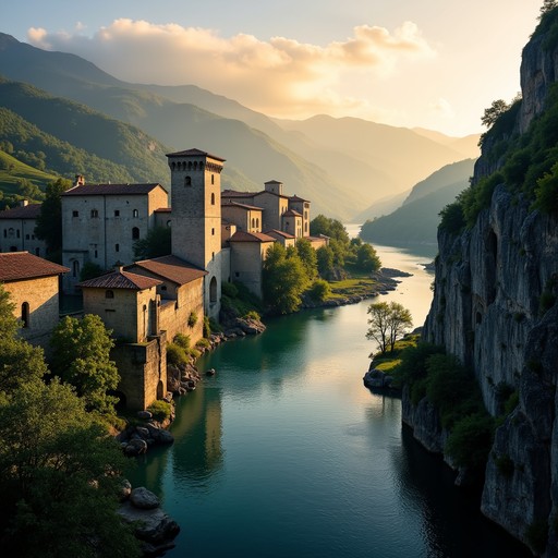 Download Tranquil River Village Image - Riverside, Village, Mountains ...