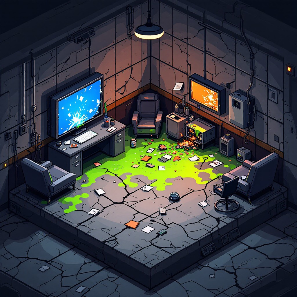 Destroyed Lab Background. Cartoon Free Abandoned Laboratory Disaster Image - Pixel, Isometric, Laboratory ...