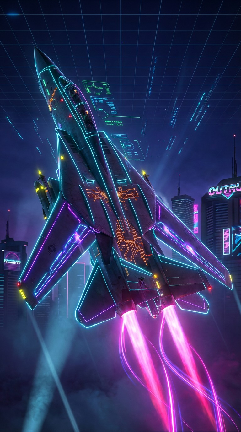 Free Neon Fighter Ascending Image - Cyberpunk, Synthwave, Aircraft ...