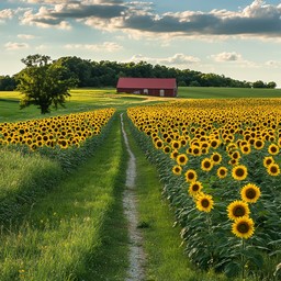 Free Sunflower Path Landscape Image - Sunflowers, Barn, Path | Download ...