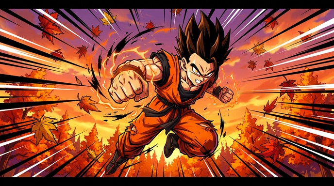 Fall Color Swirl Cake A spiky-haired young fighter in an orange outfit leaps forward with a ...