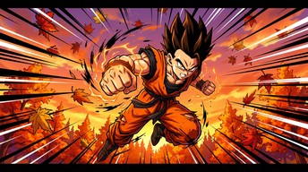 Fall Color Swirl Cake A spiky-haired young fighter in an orange outfit leaps forward with a ...
