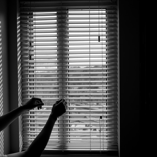 A silhouette reaches toward venetian blinds, creating dramatic patterns ...