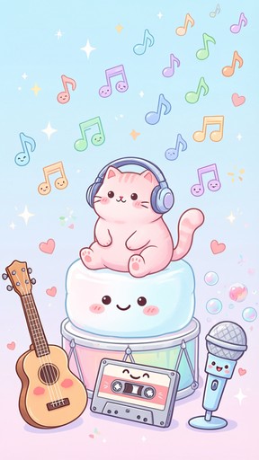 Pink Raft Animated Download Kawaii Music Cat Image - Kawaii, Cat, Marshmallow | StockCake