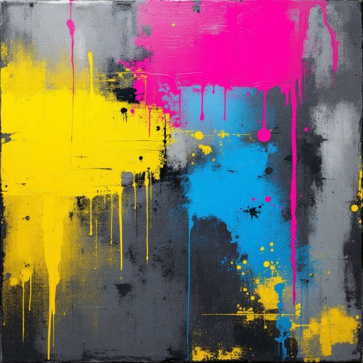 Vibrant yellow and pink paint drips cascade down a dark surface ...