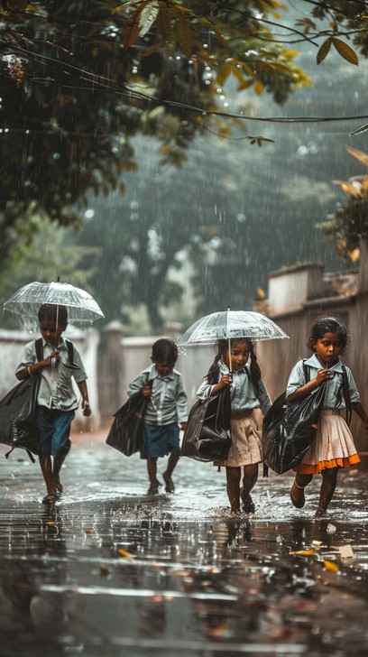 Free Monsoon School Commute Image - Children, Rain, Umbrellas ...