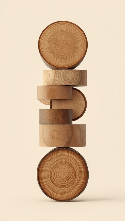 Minimalist 3D illustration featuring stacked wood cross-sections with ...