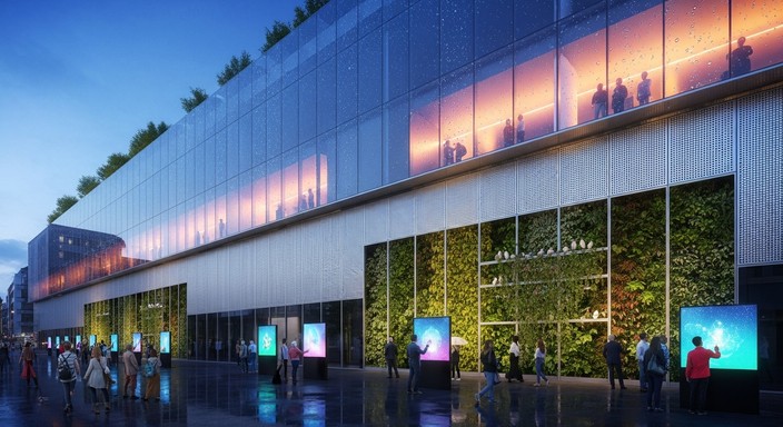 Arquitetura moderna de smart building com fachada iluminada e sistemas integrados de automação predial