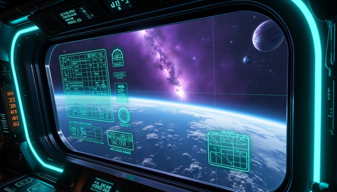 Visioneering Space Free Neon Space Vista Image - Cyberpunk, Spacecraft, Holographic ...
