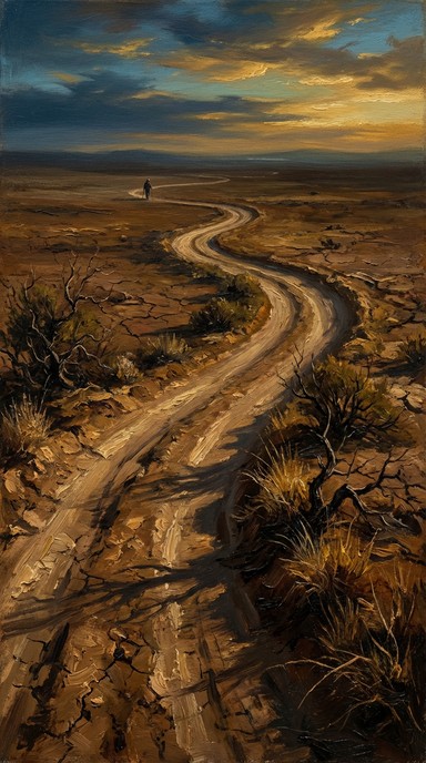 Long Path Sunset A winding dirt path cuts through an arid desert landscape under ...