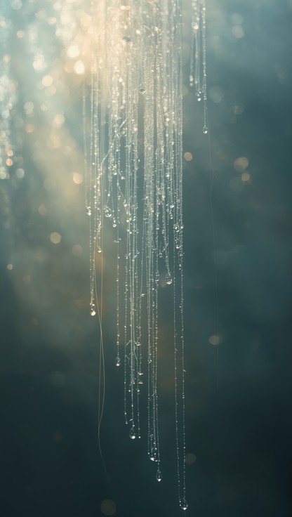 Thread Fiber Zoomed In Delicate gossamer threads cascade vertically through a misty atmosphere ...