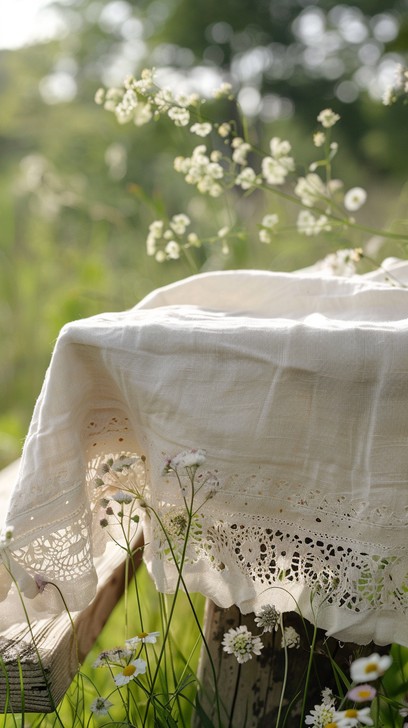 Recling Rabbit A delicate, lace-trimmed cloth drapes gracefully over a rustic wooden ...