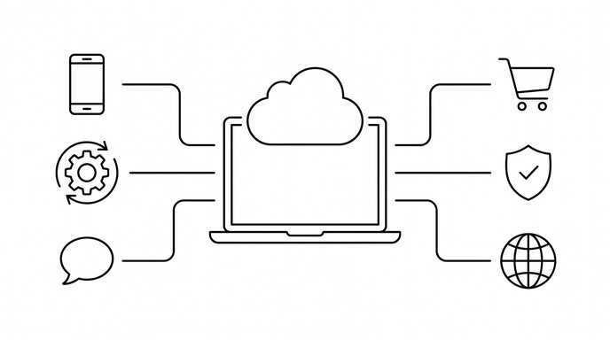 This minimalist line art illustration shows a digital services concept ...