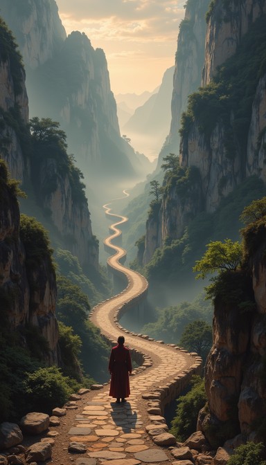Stone Path Texture Png A lone pilgrim in traditional robes stands contemplatively on a winding ...