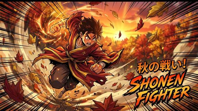 Fall Color Swirl Cake A young man in a red and gold robe leaps forward with his fist pulled ...