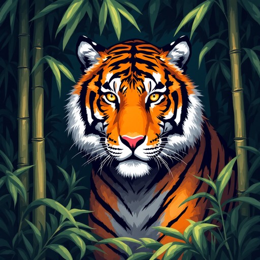 Majestic tiger with glowing golden eyes emerges from bamboo forest in ...