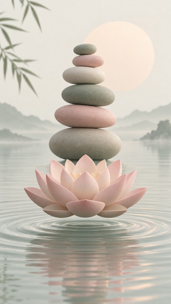 A soft pink lotus flower floats on calm water while a tall stack of ...