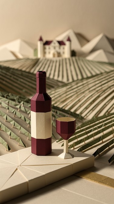 Foled Paper Folded paper creates an elegant vineyard scene with wine bottle ...