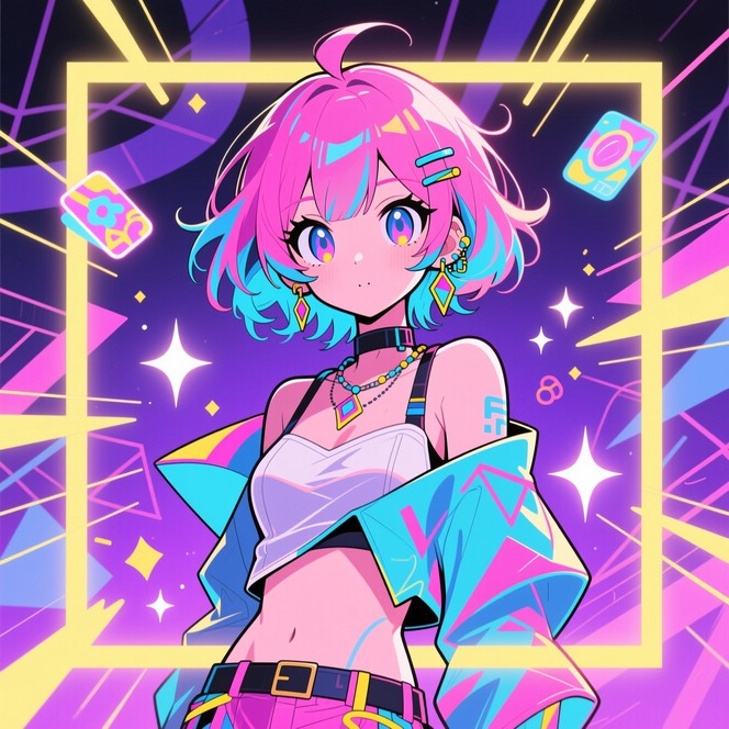 Vibrant Riverside Vibrant anime character with pink and blue hair showcases creative ...