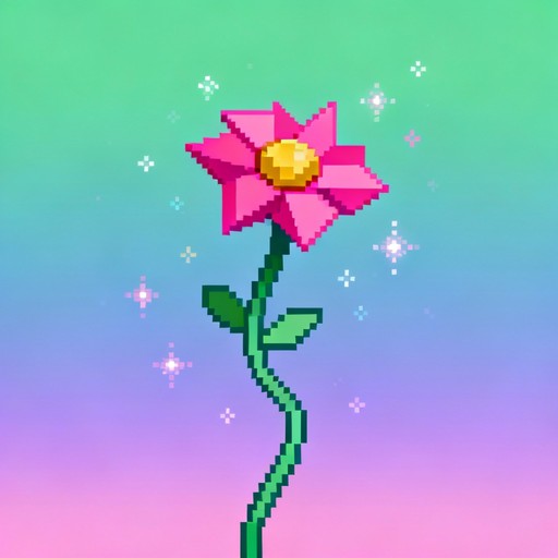 Vibrant pink pixel flower with geometric petals blooms upward on curved ...