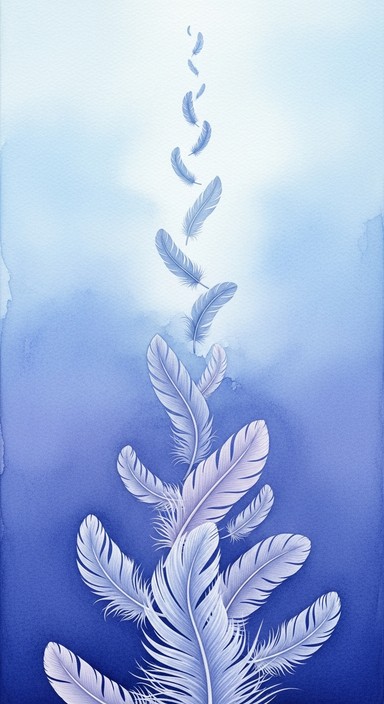 Delicate feathers float upward through a serene sky, transforming from ...