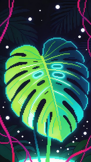 Pixel Graph Monstera Free Neon Jungle Glow Image - Pixel, Neon, Monstera | Download at StockCake