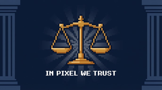 Retro pixel art showcases golden scales of justice against navy blue ...