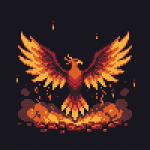 A retro pixel art phoenix rises from a pile of glowing embers with its ...