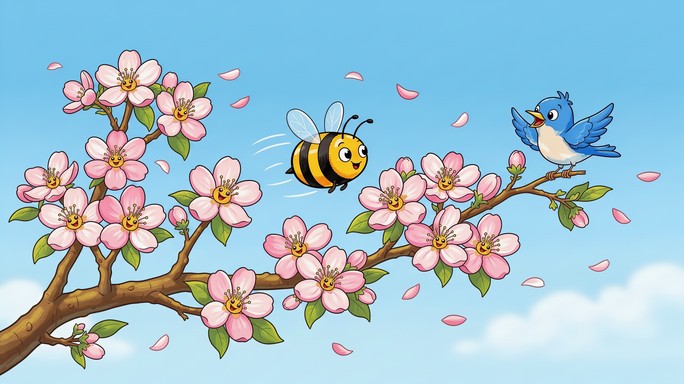 Cheerful cartoon illustration of a smiling bumblebee flying past pink ...