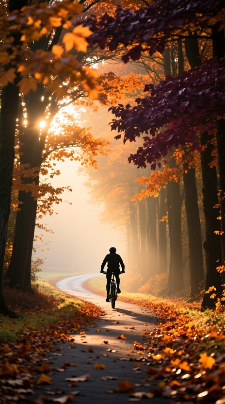 A lone rider pedals along a leaf-covered forest trail bathed in warm ...