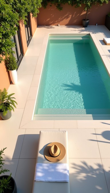 A minimalist poolside retreat featuring geometric lines, crystal-clear ...