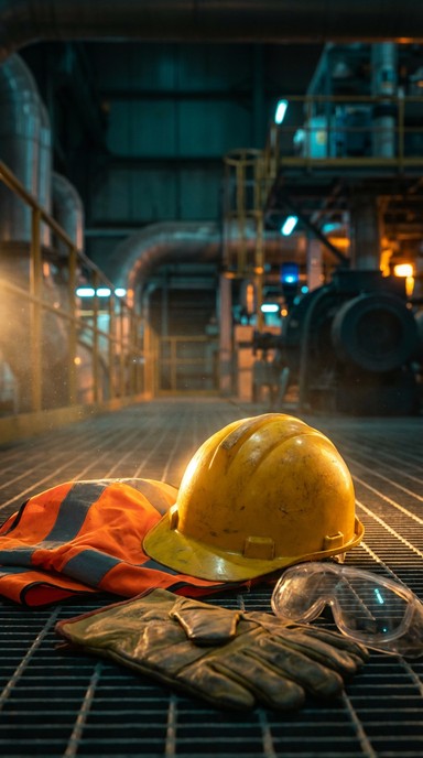 Yellow hard hat and safety gear photographed with dramatic lighting ...