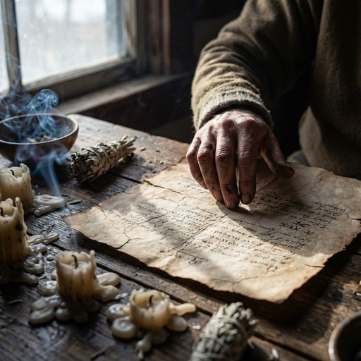 Parchment Stock Weathered hands with ink-stained fingers carefully trace faded symbols ...